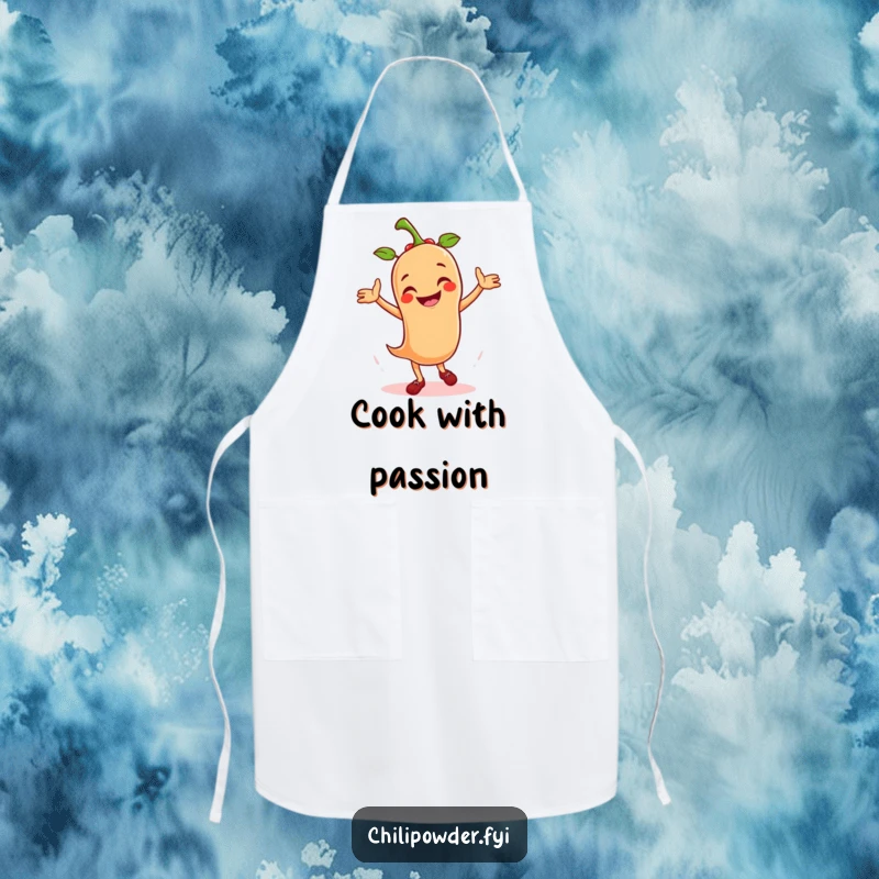 Funny apron with a smiling chili powder character performing an energetic salsa dance, ideal for kitchen fiestas.