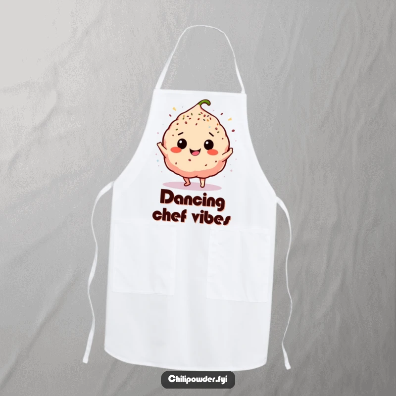 Funny chili powder puff doing a silly happy dance, showered in sprinkles, featured on a humorous apron.