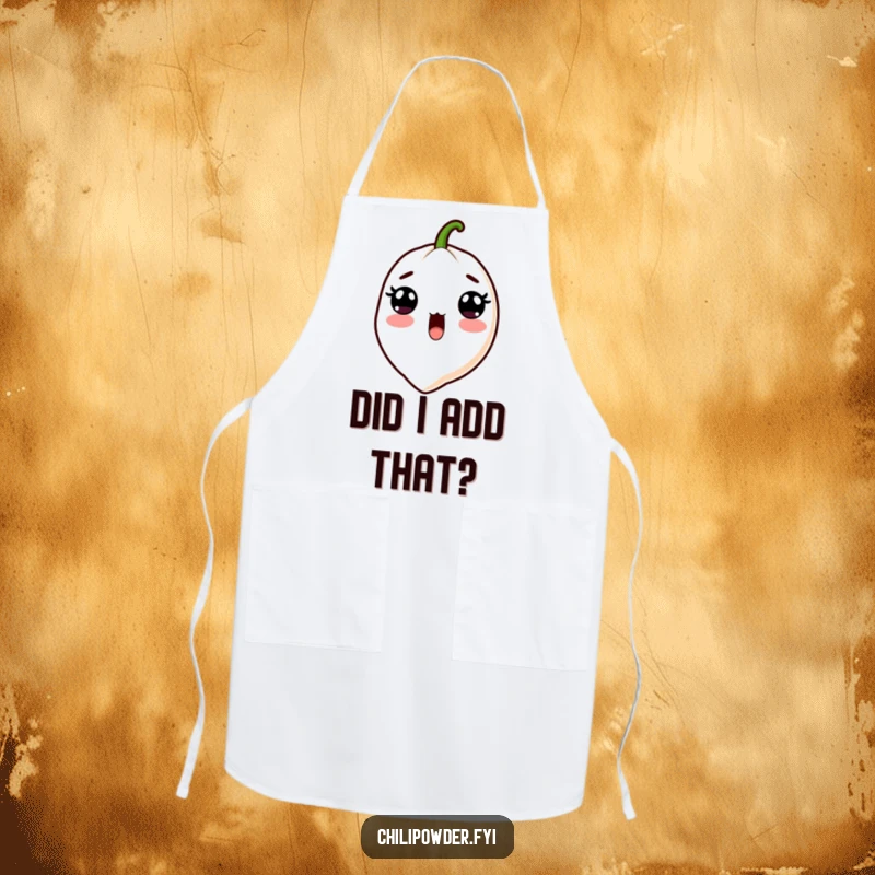 Funny Kawaii Chili Powder Apron - A cute cartoon chili powder character with wide surprised eyes and an open mouth, perfect for spicy kitchen wear.