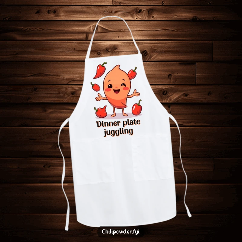 Funny Chili Powder Juggling Apron: A cheerful chili powder character juggling peppers, designed for playful kitchen protection.