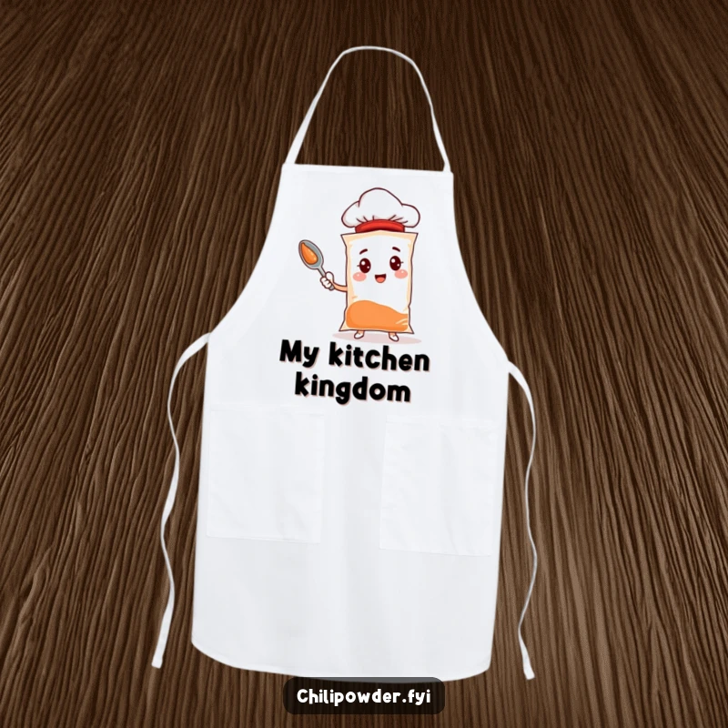 Funny chili powder apron featuring a spice bag character with a tiny chef hat, designed for culinary fun and humor.