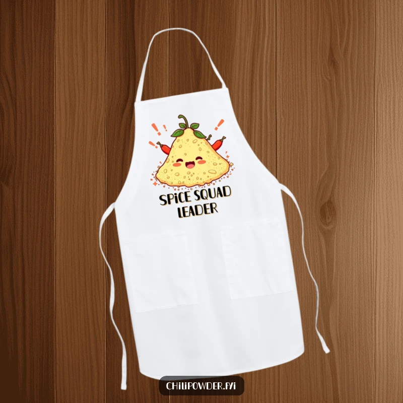 Funny apron showing a pile of chili powder characters cheering with exclamation marks, perfect for cooks who bring spice and spirit.
