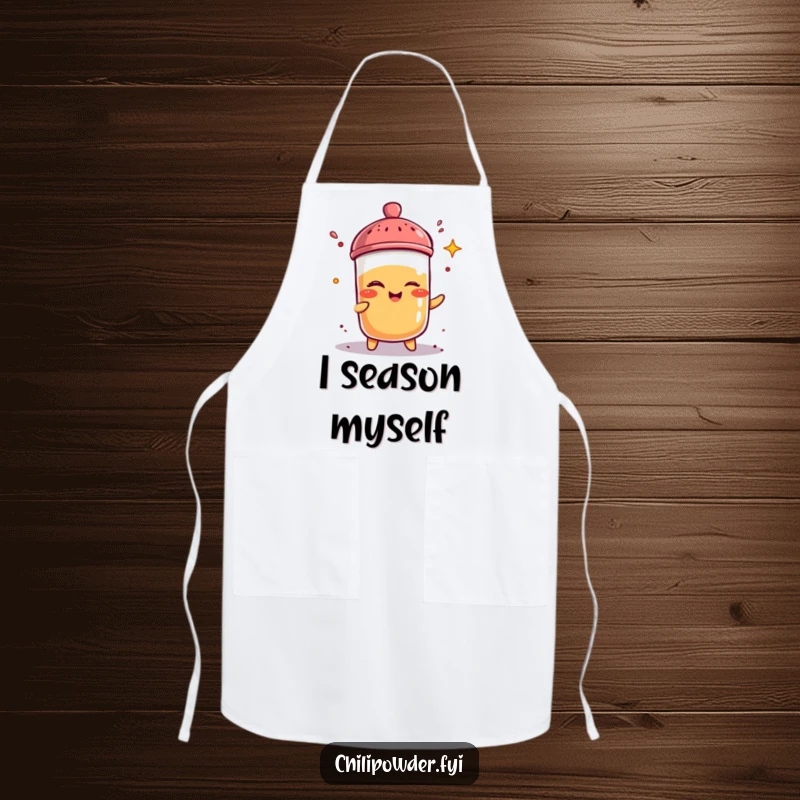 Funny chili powder shaker winks while adding spice on a chef's apron, ready for culinary fun and laughter.