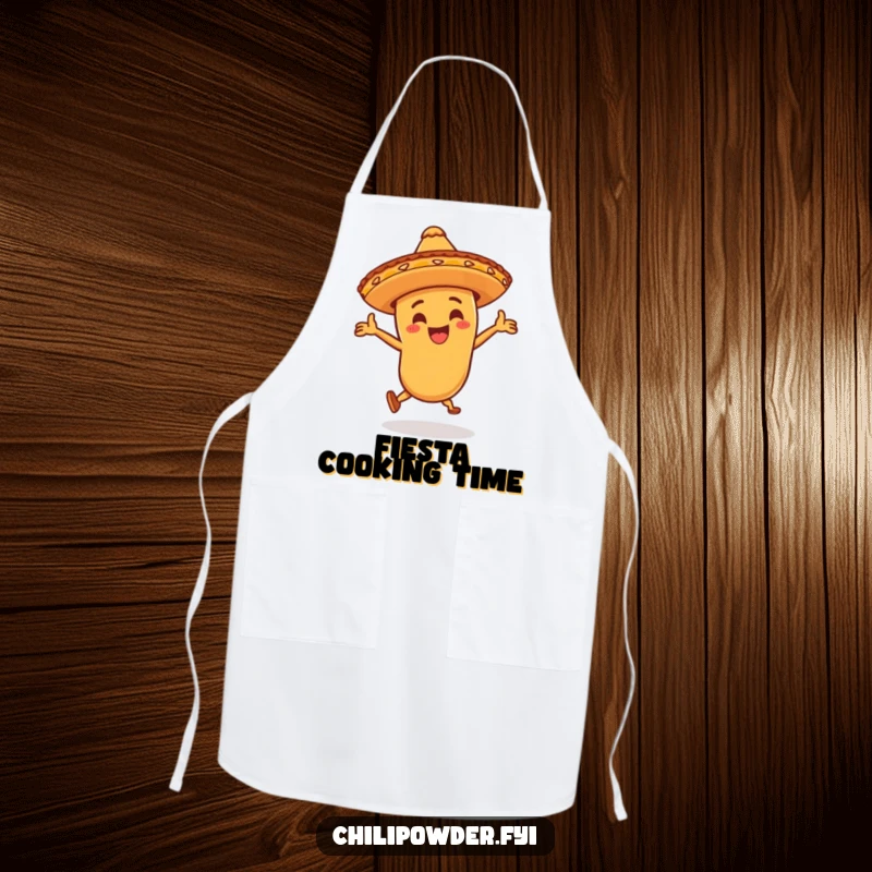 Funny chili powder character wearing a little sombrero, dancing wildly on an apron, bringing festive humor to cooking and kitchen activities.
