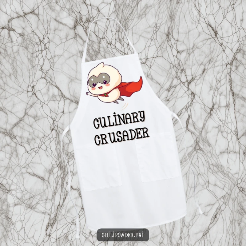 Funny chili powder puff hero, wearing a cape and flying, featured on a humorous and practical kitchen apron.