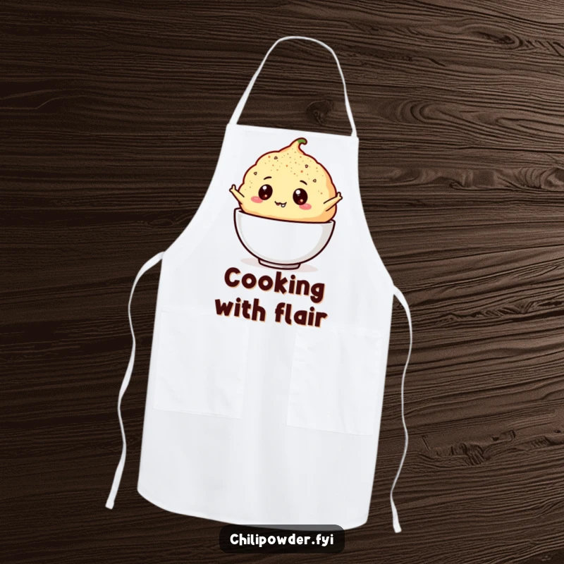 Funny chili powder puff with googly eyes illustration on an apron, designed for cooks who love humor.