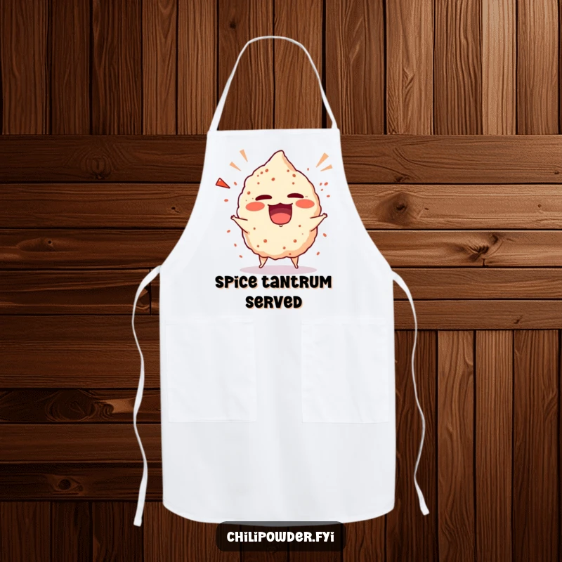 Funny chili powder puff in a playful, giggling tantrum, featured on a humorous and practical kitchen apron.