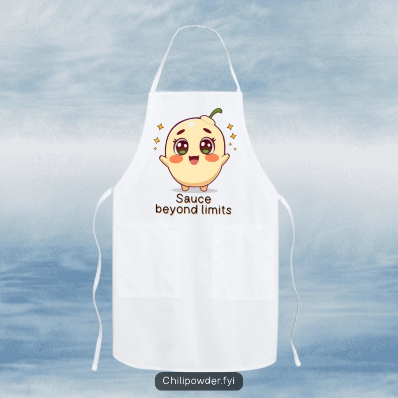 Funny apron featuring a happy chili powder character with amazed eyes, shooting small comets, ready for stellar culinary creations.