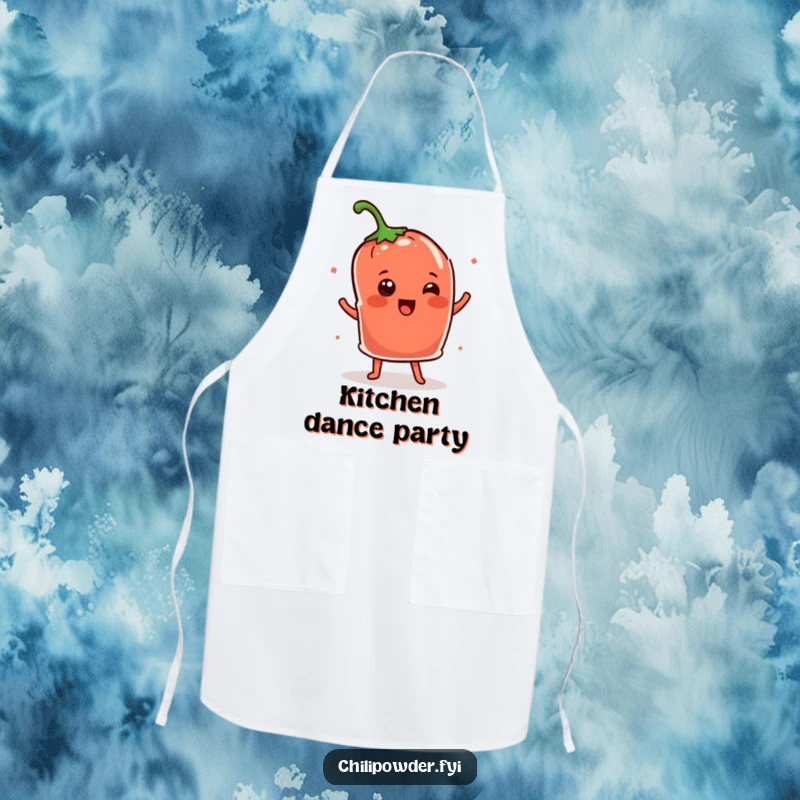 Funny Kawaii chili powder pouch doing a happy shimmy dance, a humorous and practical kitchen apron.