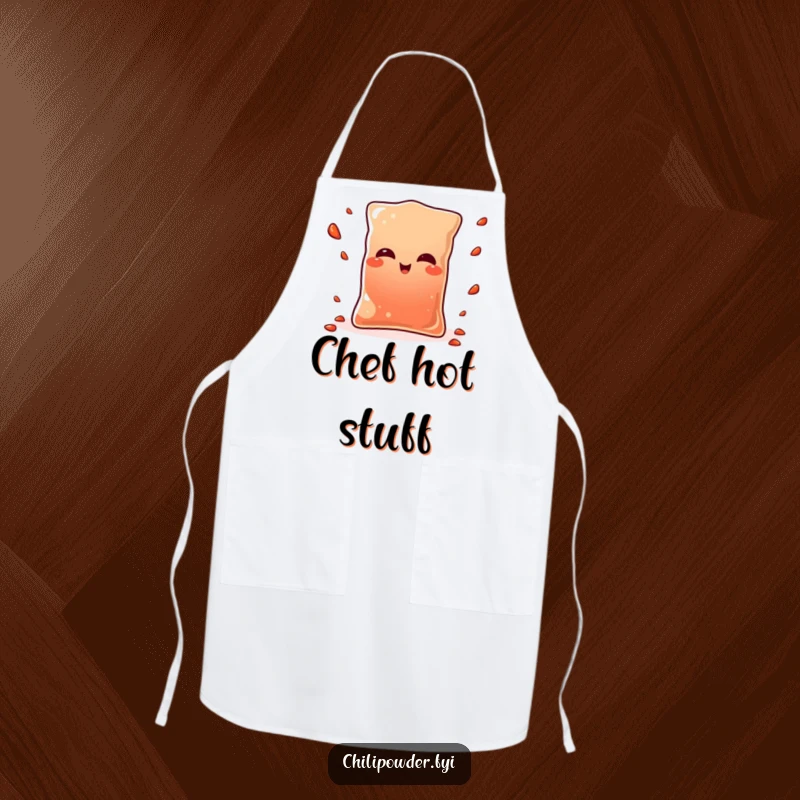Funny Kawaii chili powder pouch winking playfully while juggling tiny pepper flakes, a humorous and practical apron for cooks.