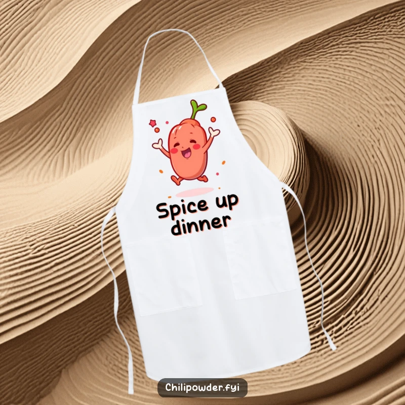 Funny Kawaii chili powder character leaping with a spice puff while wearing a chef's hat on a humorous apron.