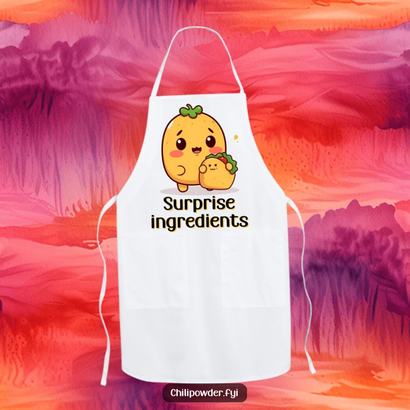 Funny Apron with a surprised kawaii chili powder character looking shocked as a tiny taco sneaks up, ready for humorous kitchen moments.