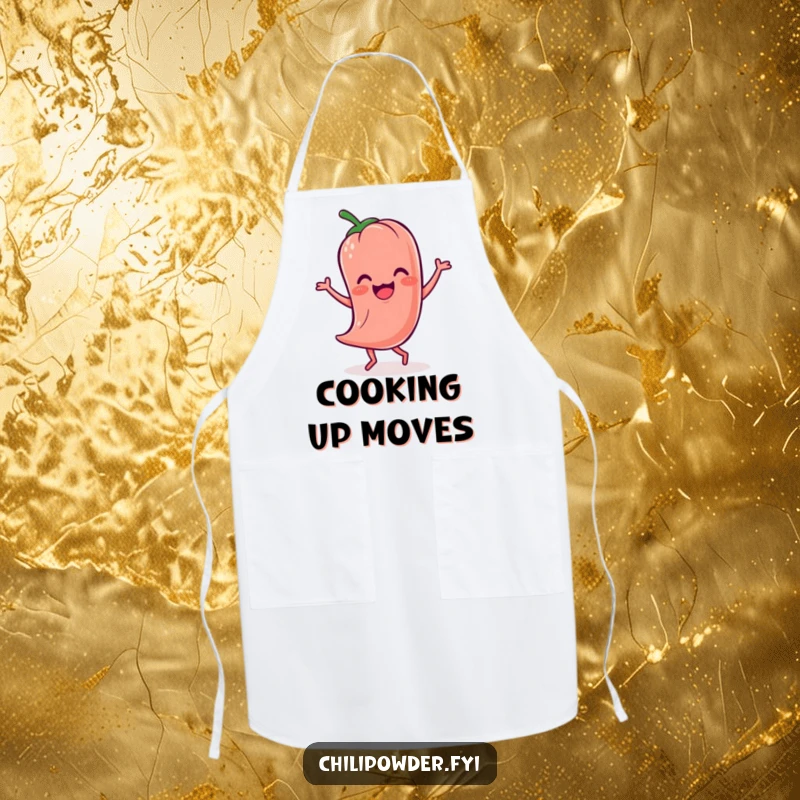 Funny Kawaii chili powder character performing a silly jig, a humorous and functional kitchen apron.