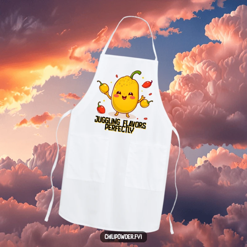 Funny Kawaii Chili Powder Apron - A cute cartoon chili powder character juggling small smiling peppers with tiny arms, perfect for spicy kitchen wear.