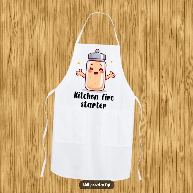Funny kawaii chili powder shaker apron, smiling with extended arms, ready to protect clothes with spicy cheer.