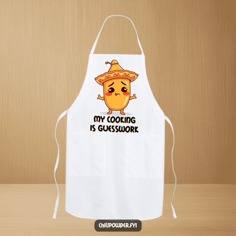 Funny Apron: Kawaii chili powder character wearing a sombrero, comically shrugging while cooking, a humorous and practical gift for kitchen enthusiasts.