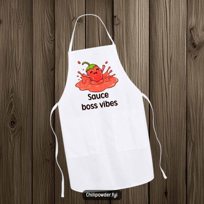 Funny Apron: Kawaii chili powder character joyfully splashing in red sauce, a humorous and practical accessory for any kitchen enthusiast, a great gift.