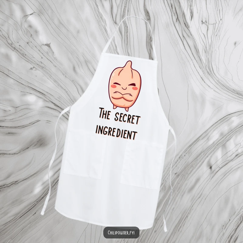 Funny Apron: Kawaii chili powder character winking slyly, arms crossed, a humorous and practical accessory for the kitchen, a great gift.
