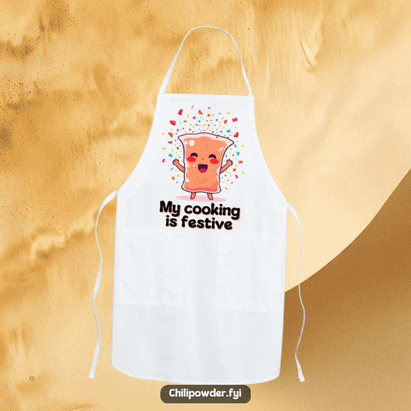 Funny chili powder apron featuring a spice bag character bursting with confetti, designed for fun cooking and festive celebrations.