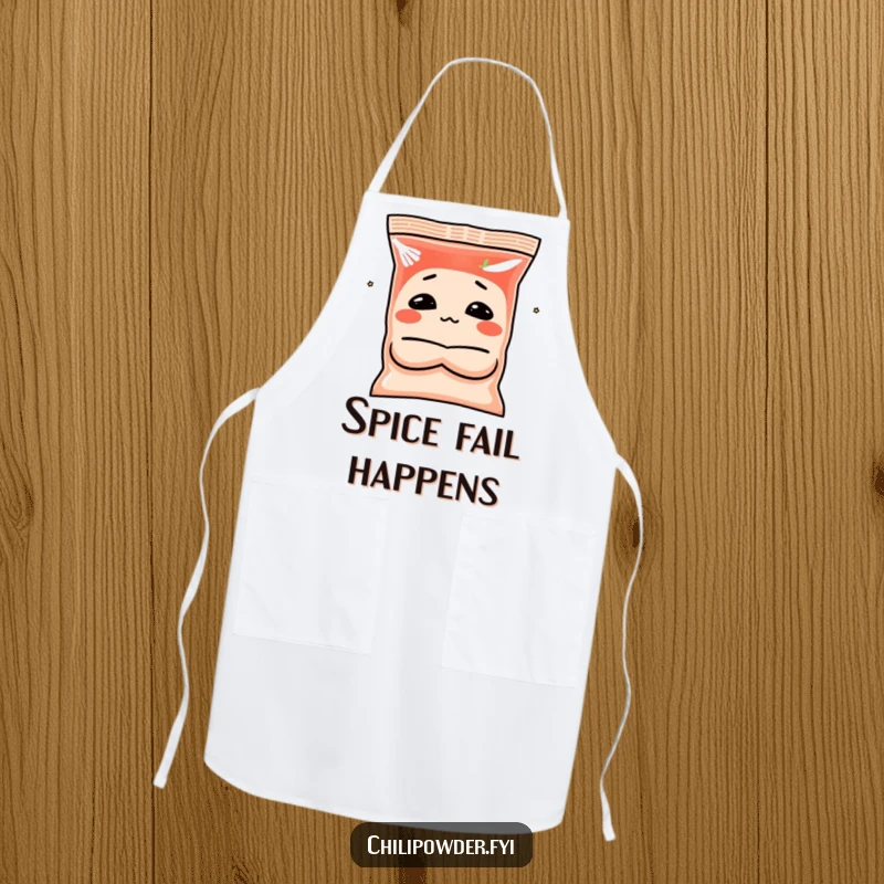 Funny chili powder apron featuring a spice bag character making a pouting face with crossed arms, designed for humorous kitchen wear.