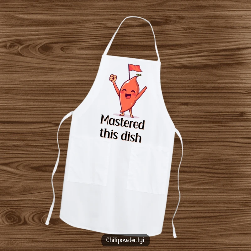 Funny chili powder apron depicting a triumphant character with raised arms and a tiny flag, perfect for kitchen victories.