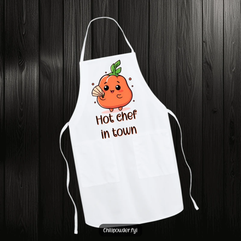 Funny Kawaii chili powder character fanning itself dramatically with a leaf on a kitchen apron, for theatrical cooking.