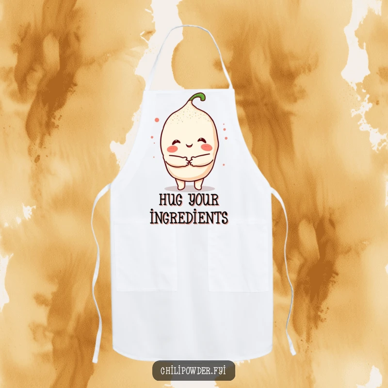 Funny Kawaii Chili Hug Apron: A cute chili character giving a warm hug, perfect for cooking with spicy affection.
