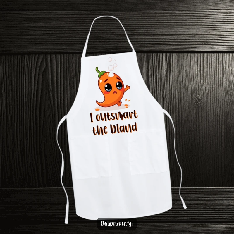 Funny chili powder character with wide, surprised eyes dodges a falling salt shaker on a chef's apron, ready for kitchen mishaps.