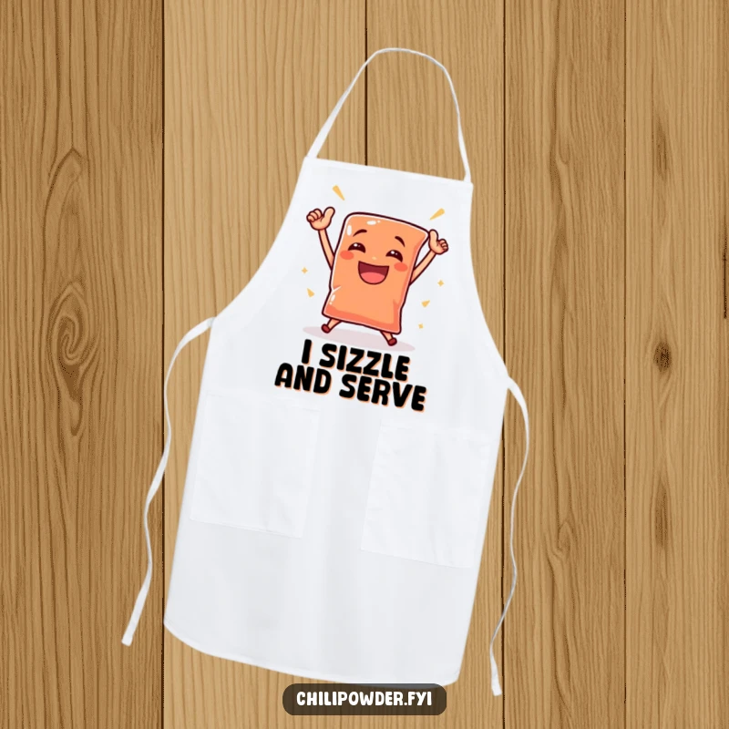 Funny chili powder pouch dances triumphantly with a grin on a chef's apron, ready for culinary celebrations.
