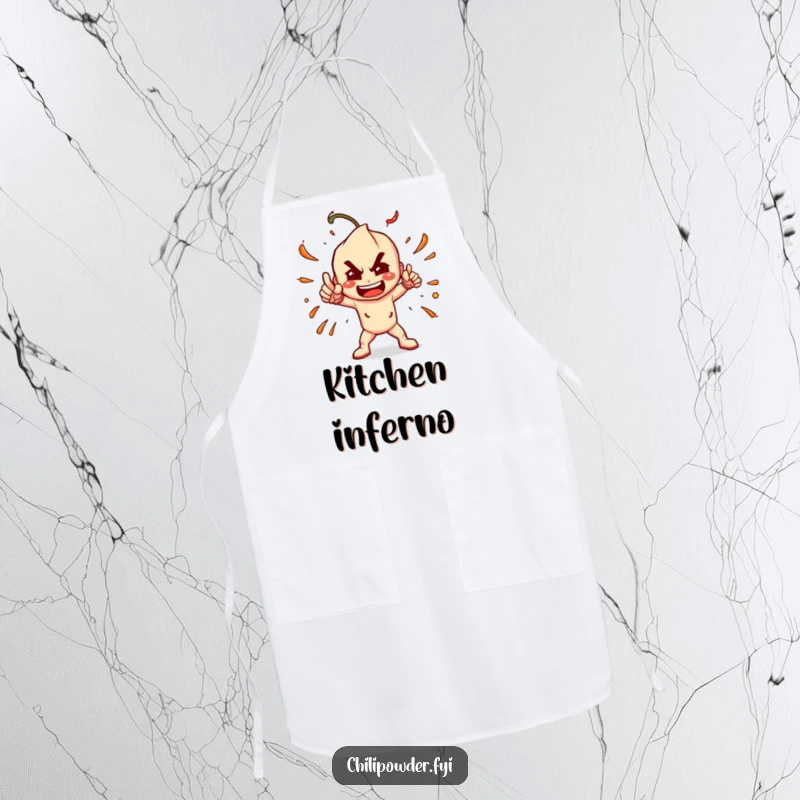 Funny Chili Powder Pose Apron: A chili powder character in a dramatic, spicy pose, designed for playful kitchen wear.