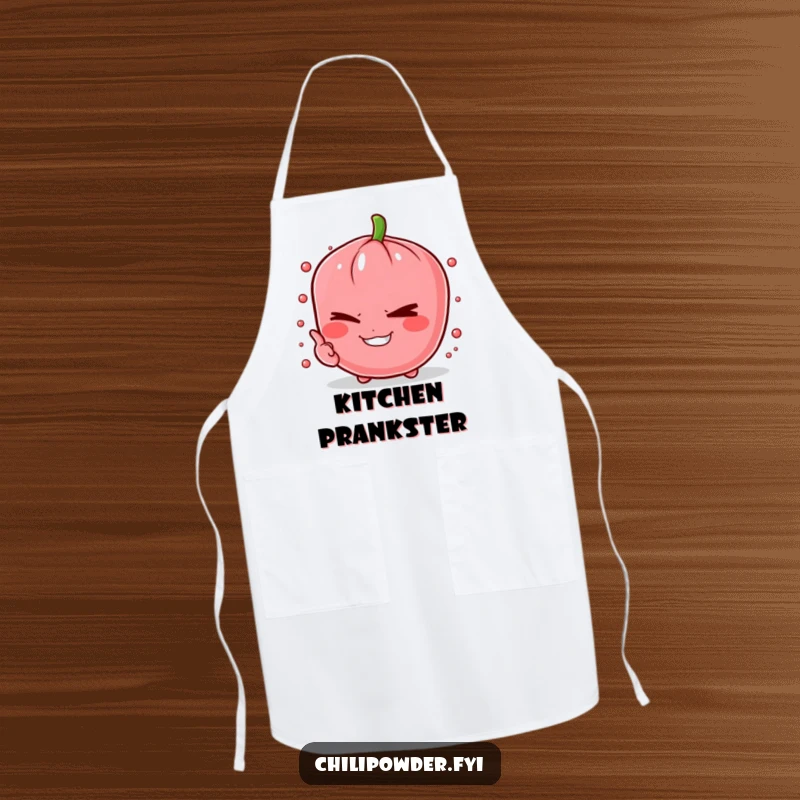 Funny chili powder pinch winking mischievously on an apron, perfect for playful chefs.