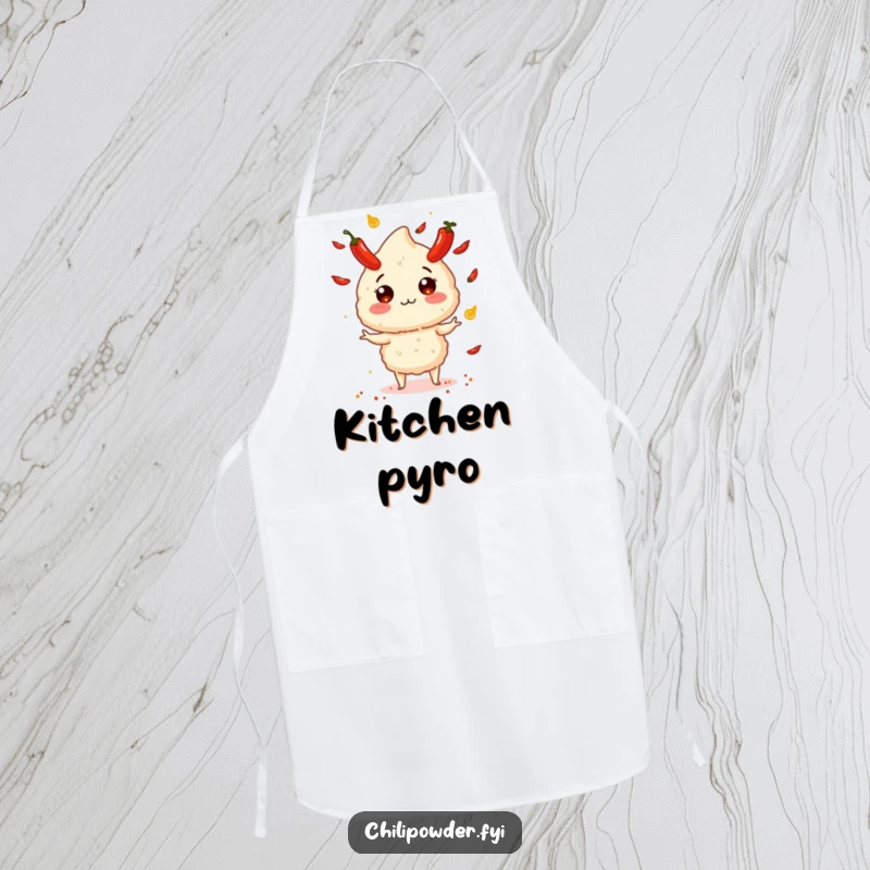 Funny chili powder puff juggling tiny exploding peppers, featured on a durable and humorous kitchen apron.