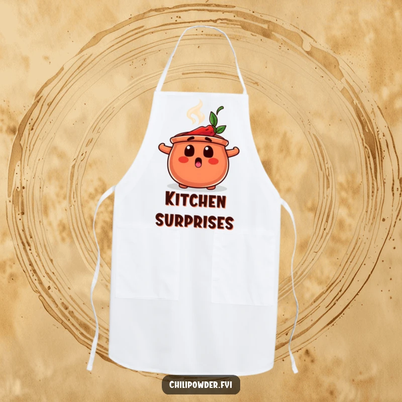 Funny apron showing a chili powder pot character with a surprised look and steam rising, ideal for cooks who add spice and surprise.