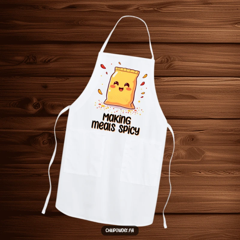 Funny Kawaii chili powder bag smiling brightly while scattering colorful spices, a humorous and practical kitchen apron.