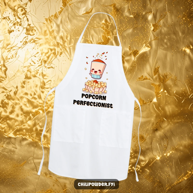 Funny apron illustrating a chili powder sifter shaking spices onto popcorn, celebrating the joy of flavorful cooking and snacking.