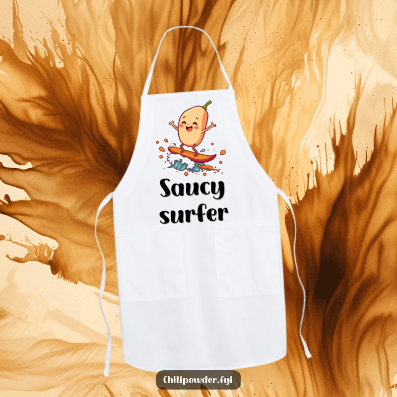Funny Apron: A chili powder flake gleefully surfs a spice wave, making kitchen tasks fun and stylish.