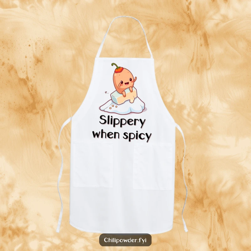 Funny Kawaii chili powder character on an ice cube, a humorous and practical apron for the kitchen.