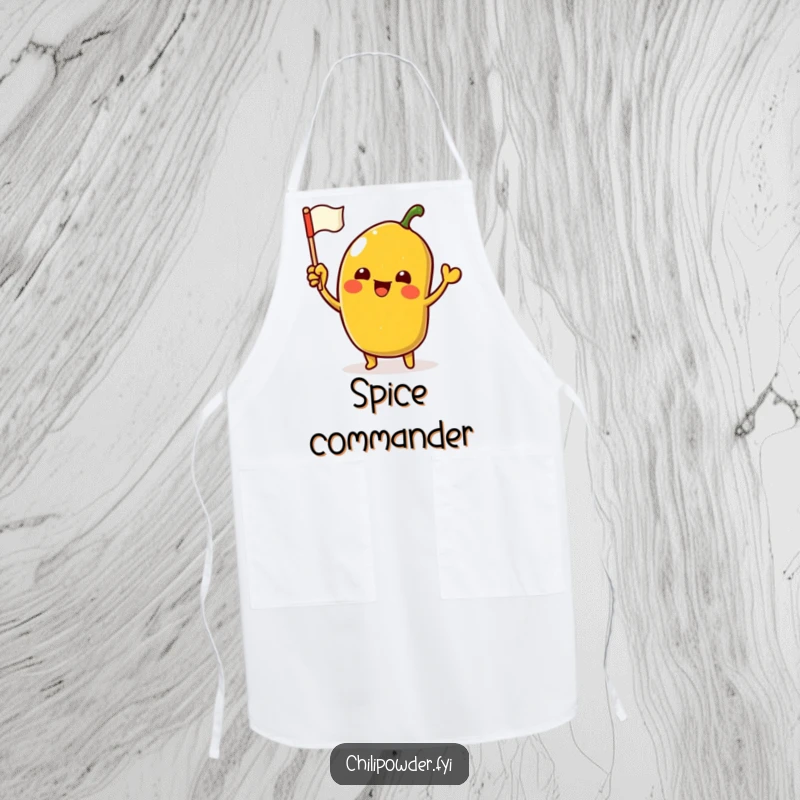 Funny Apron showcasing an excited kawaii chili powder character waving a miniature flag, ready for spicy kitchen fun.