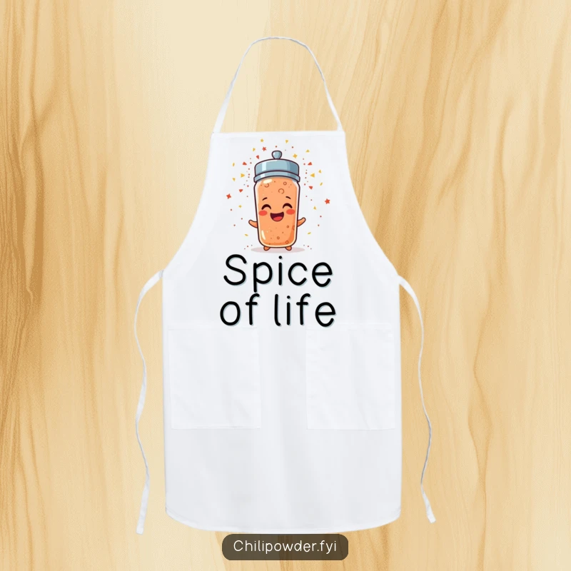 Funny chili powder shaker erupting in confetti, a humorous apron for cooking and party hosts.