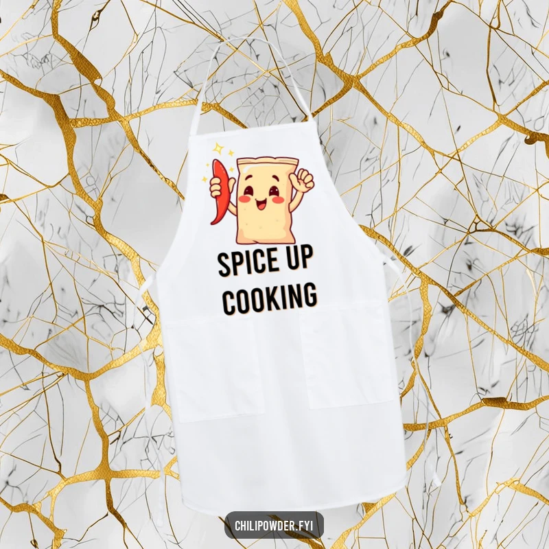 Funny chili powder bag character giving a high-five with a joyful shimmer, perfect for a cooking apron.