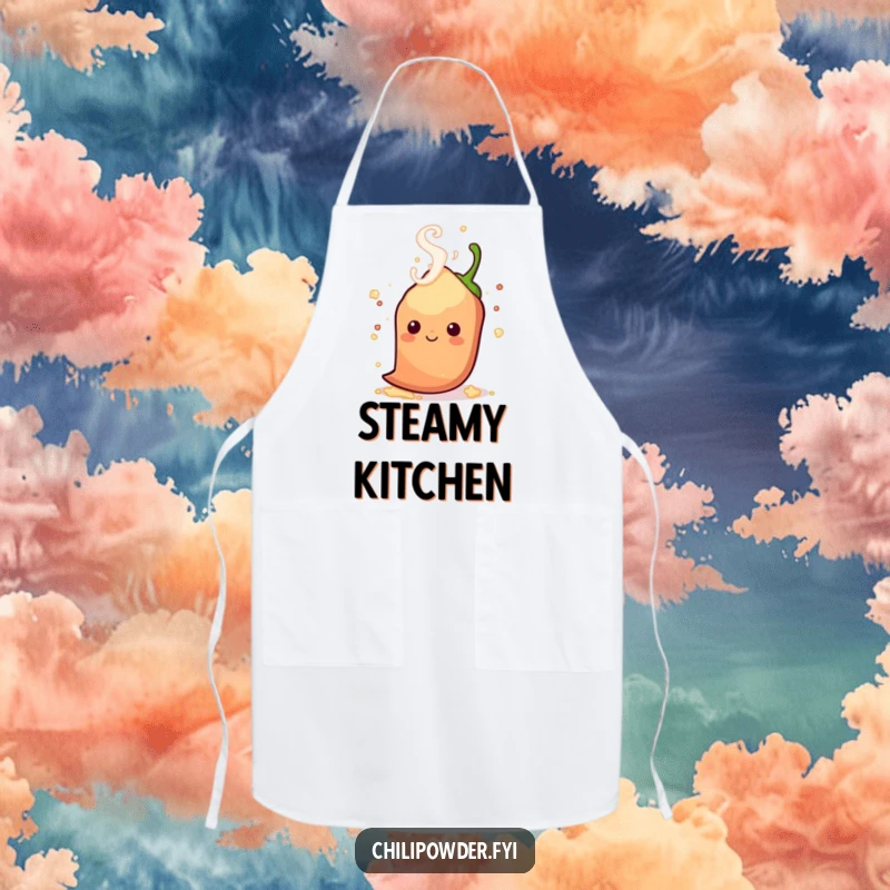 Funny kawaii chili powder with playful steam swirls around its head, keeping your clothes clean with warm, spicy flair.