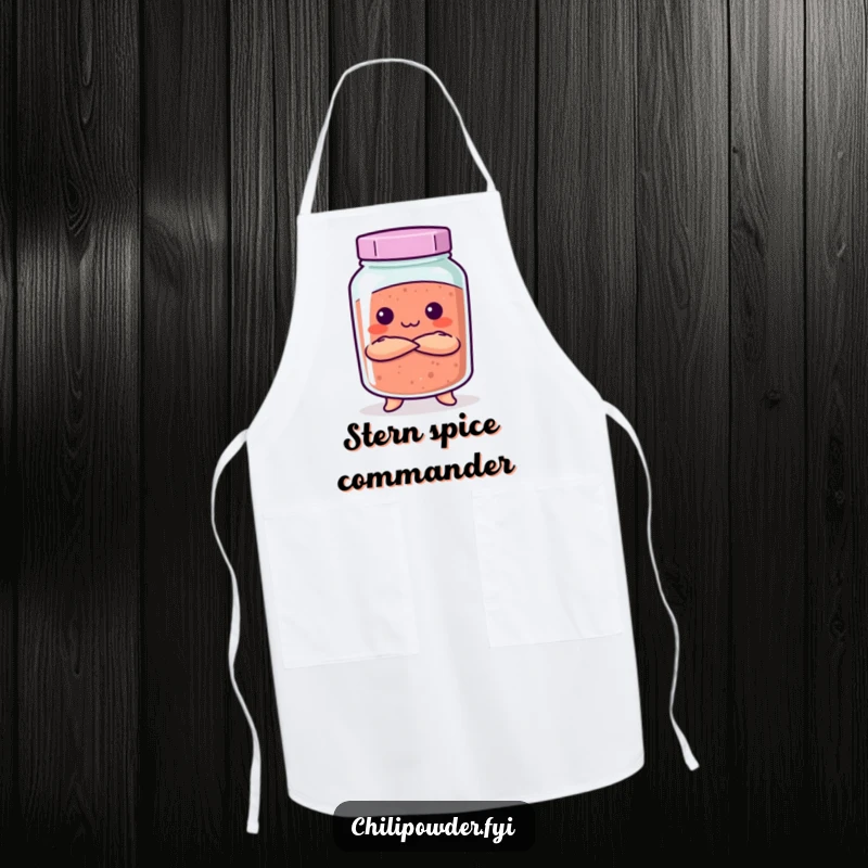 Funny Kawaii chili powder jar with crossed arms and a stern face on a kitchen apron, for the playfully authoritative cook.