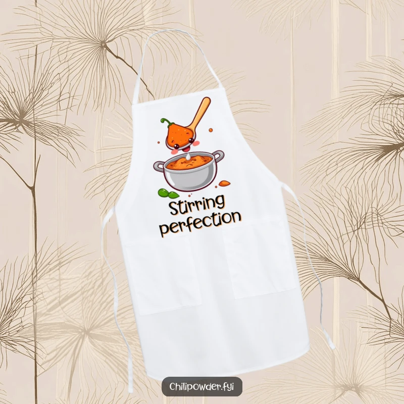 A smiling chili powder spoon stirring a pot of joy, on a practical apron for kitchen fun and humorous cooking.
