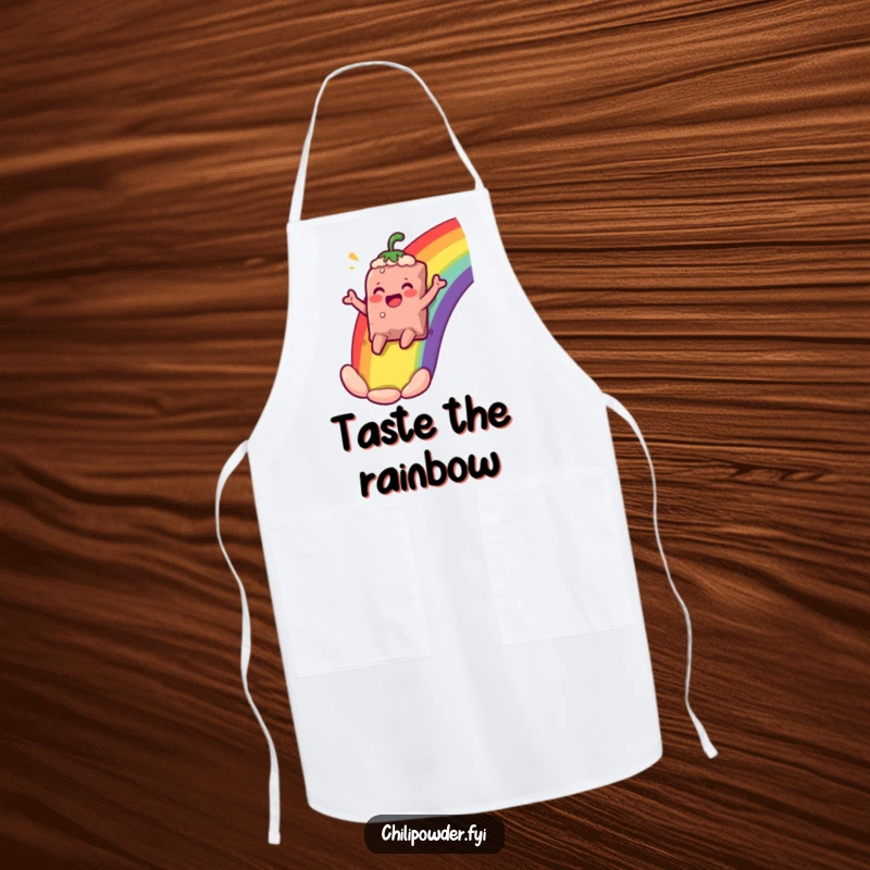 Funny chili powder bag character sliding down a rainbow, cheering comically, featured on a kitchen apron for joyful cooking.