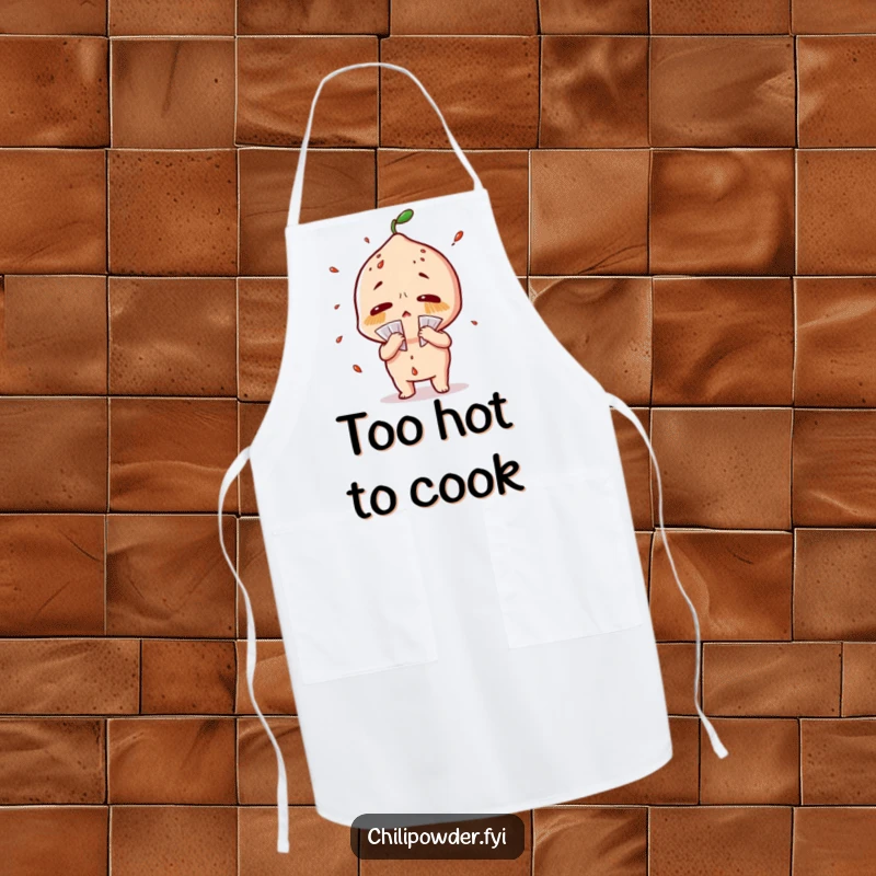 Funny chili powder apron featuring a character sweating profusely and fanning itself dramatically, perfect for spicy cooking.