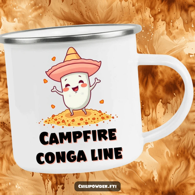 Funny chili powder camping mug with a tiny sombrero, dancing energetically, perfect for festive outdoor enjoyment.