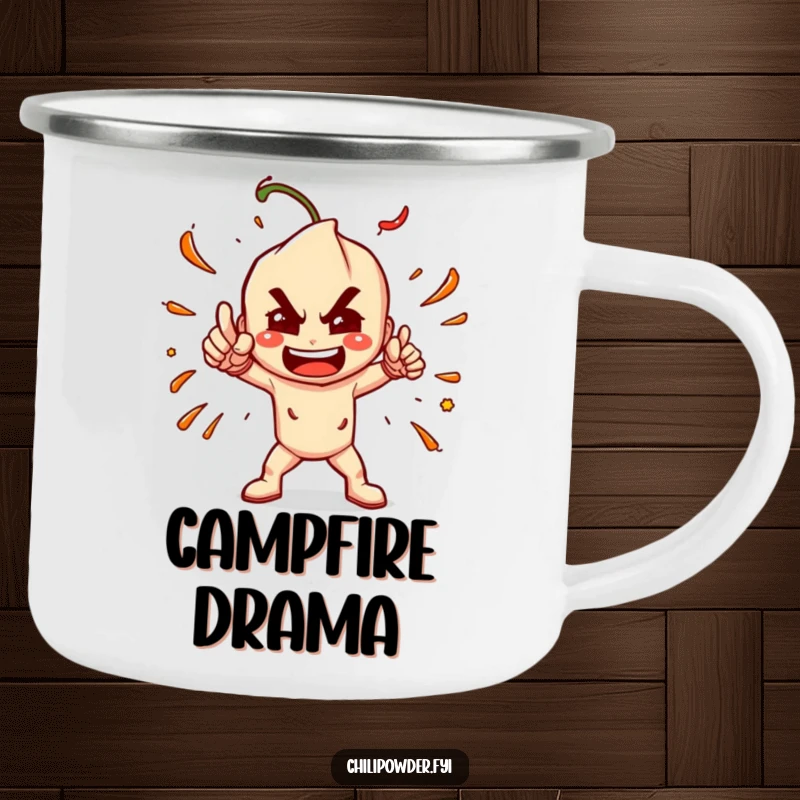Funny Chili Powder Camp Mug: A chili powder character striking a dramatic, spicy pose, ready for humorous outdoor enjoyment.