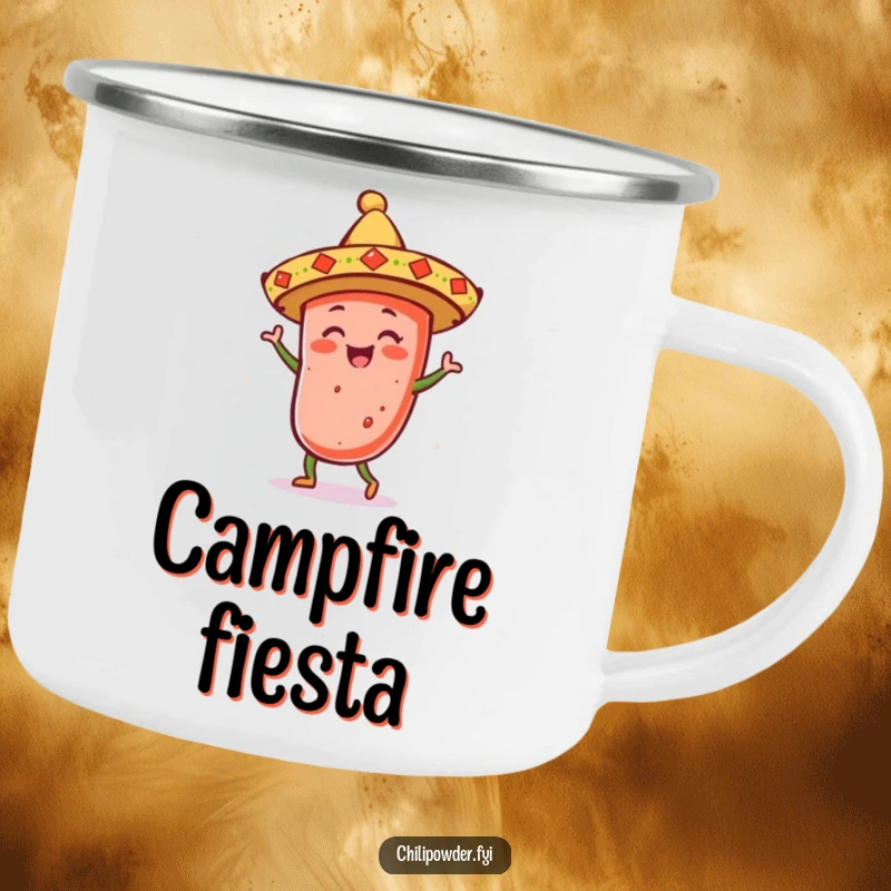 Funny kawaii chili powder with a sombrero dancing merrily, perfect for hot beverages during outdoor adventures.