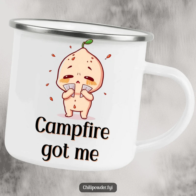 Funny chili powder camping mug with a character sweating profusely and fanning itself dramatically, perfect for outdoor humor.
