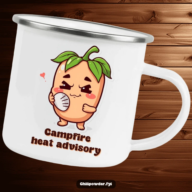 Funny chili powder character with a happy grimace, fanning its face on a camping mug, perfect for enjoying beverages outdoors with a spicy twist.